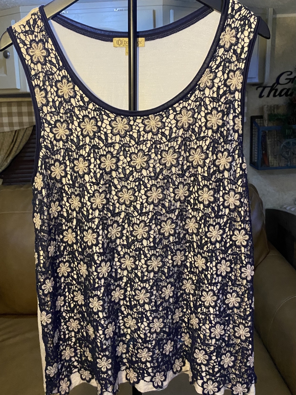 Democracy Navy Tank with Cream Floral Lace Overlay